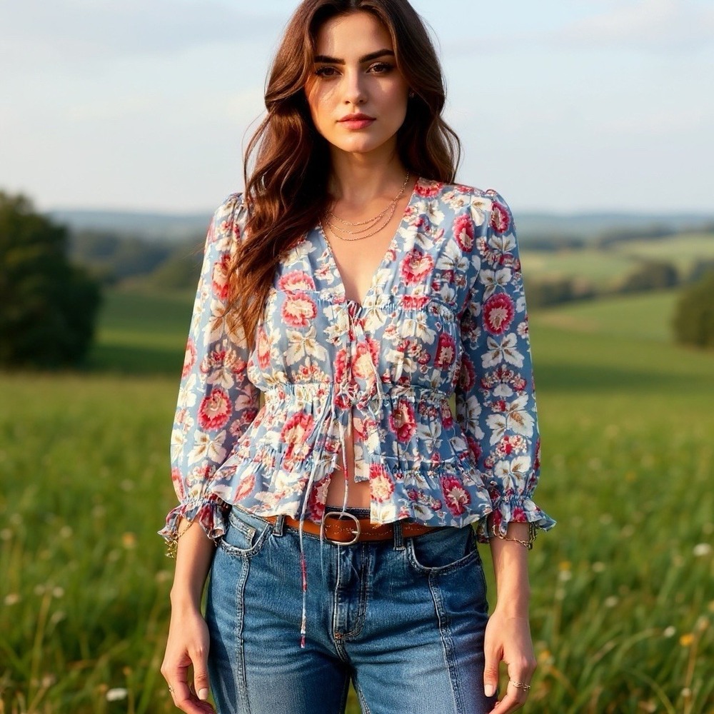 Per Una Shirred Lace-Up V-Neck Blue Floral Cotton Blouse Billowy Sleeves Size 6